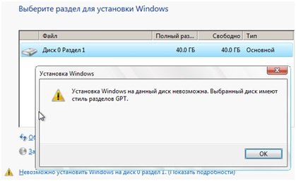 Як бути, якщо установка Windows на даний диск неможлива?