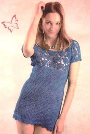 Синя туніка з ажурною кокеткою. Вязання гачком для жінок.