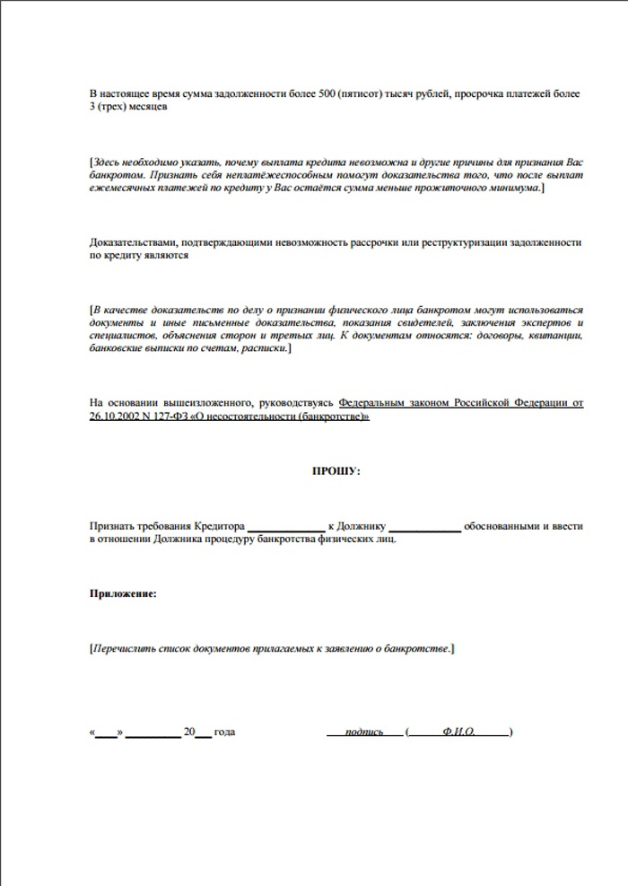 Заява про визнання фізичної особи банкрутом: зразок позовної документа